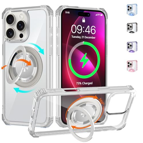 Clear Case for iPhone 16 Pro with Magnetic 360 Rotatable Ring Stand | Military Grade Heavy Duty Cover with 360 Rotatable Ring Kickstand -260417 - color: Clear, size: iPhone 16 Pro