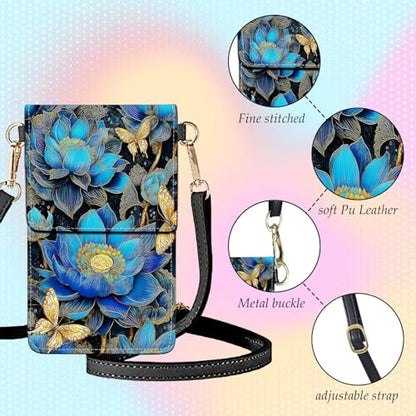 Small Crossbody Bags for Women Touchscreen Cell Phone Bag Cross Body Purses with adjustable Strap,Gifts For Teenage Girls - color: Blue Lotus Flower