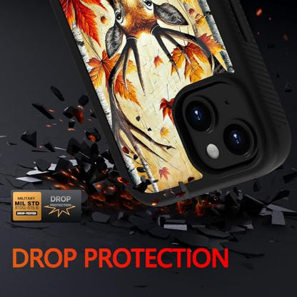 Compatible with iPhone 14 / iPhone 13 Case – Rugged Full-Body Protective Cover for Women Men Dual Layer Shockproof Bumper, Heavy-Duty Phone Case - Deer Fall Maple Leaf 098 - color: Deer Fall Maple Leaf 098