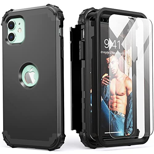 IDweel for iPhone 11 Case with Tempered Glass Screen Protector,Hybrid 3 in 1 Shockproof Slim Heavy Duty Protection Hard PC Cover Soft Silicone Bumper Full Body Case, Black - color: Black