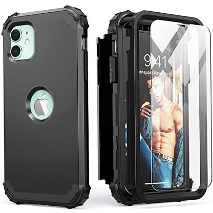 IDweel for iPhone 11 Case with Tempered Glass Screen Protector,Hybrid 3 in 1 Shockproof Slim Heavy Duty Protection Hard PC Cover Soft Silicone Bumper Full Body Case, Black - color: Black