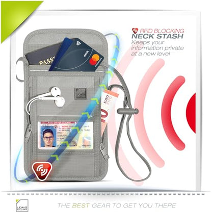 Lewis N. Clark Stash Neck Travel Wallet | RFID Blocking Passport Holder | Protect Personal Information | Gray - color: Gray
