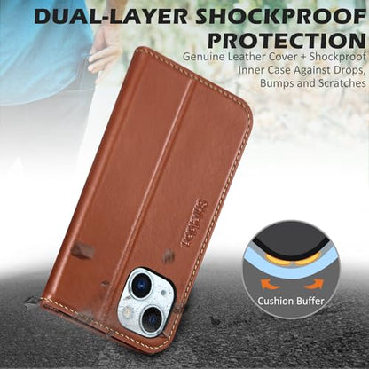 SHIELDON Genuine Leather Case Wallet for iPhone 15 6.1" 2023, Retro Brown | Magnetic Closure, RFID Blocking, Credit Card Slot, Kickstand, Flip Book Design, Shockproof Phone Cover - color: Retro Brown
