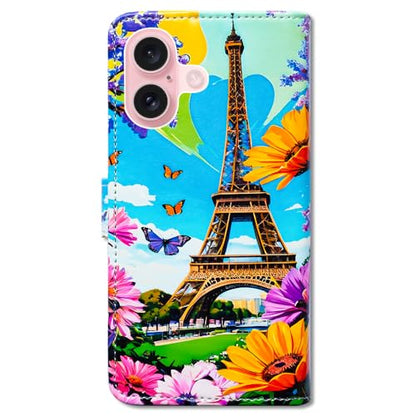 Bcov Case for iPhone 16,Eiffel Tower Purple Flower Butterfly Multifunction Leather Phone Case Wallet Flip Cover with Multi Card Slots Pocket Wrist Strap for Apple iPhone 16 - color: Eiffel Tower Purple Flower Butterfly