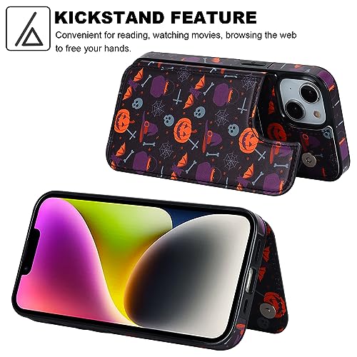 HAOPINSH for iPhone 13/14 Wallet Case with Card Holder, Halloween Pumpkin Pattern Back Flip Case PU Leather Kickstand Card Slots Case for Women Girls, Double Magnetic Clasp Shockproof Cover 6.1" - color: Halloween Pumpkin