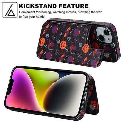 HAOPINSH for iPhone 13/14 Wallet Case with Card Holder, Halloween Pumpkin Pattern Back Flip Case PU Leather Kickstand Card Slots Case for Women Girls, Double Magnetic Clasp Shockproof Cover 6.1" - color: Halloween Pumpkin