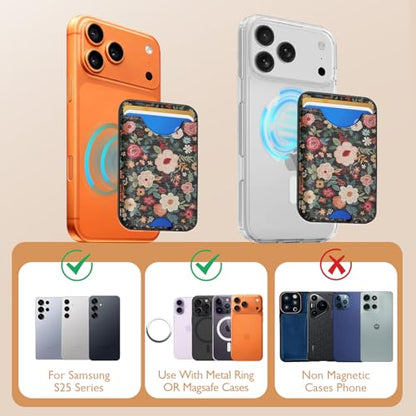 Compatible with Magsafe Wallet Magnetic Card Holder - Retro Flowers Phone Wallets for Women Teen Girls Cute for iPhone 17/16/15/14/13/12 Series Slim for Apple Mag RFID Magnet,Fit 3 Cards - color: Retro Flowers
