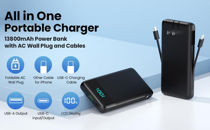 Portable Charger for iPhone with Built-in Cables and Wall Plug,Upgraded 13800mAh Fast Charging USB C Power Bank,4 Outputs Slim Travel Essential Battery Pack for iPhone 17/16/15/14/13,Galaxy,Android - color: Black