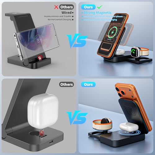 3 in 1 Magnetic Wireless Charger iPhone Charging Station,25W Mag-Safe Charger for iPhone with 35W USBC Fast Charging Block iPhone 6FT USBC-C Woven Cord for iPhone 17/16/15 Pro/Pro Max/14/13/12/AirPods