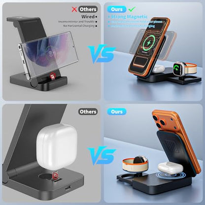 3 in 1 Magnetic Wireless Charger iPhone Charging Station,25W Mag-Safe Charger for iPhone with 35W USBC Fast Charging Block iPhone 6FT USBC-C Woven Cord for iPhone 17/16/15 Pro/Pro Max/14/13/12/AirPods