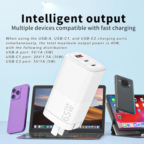 65W GaN Fast Charger, 3-Port USB C PD Power Adapter