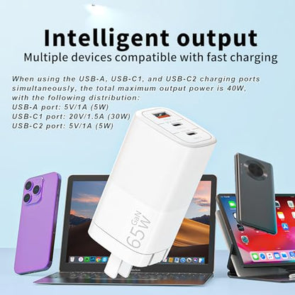 65W GaN Fast Charger, 3-Port USB C PD Power Adapter