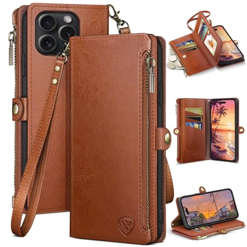 XcaseBar compatible with iPhone 16 Pro 6.3" Wallet case with Zipper Credit Card Holder【RFID Blocking】,Flip Folio Book PU Leather Phone case Shockproof Cover Men Women for Apple 16 Pro case Light Brown - color: Light Brown