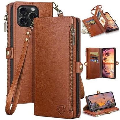 XcaseBar compatible with iPhone 16 Pro 6.3" Wallet case with Zipper Credit Card Holder【RFID Blocking】,Flip Folio Book PU Leather Phone case Shockproof Cover Men Women for Apple 16 Pro case Light Brown - color: Light Brown