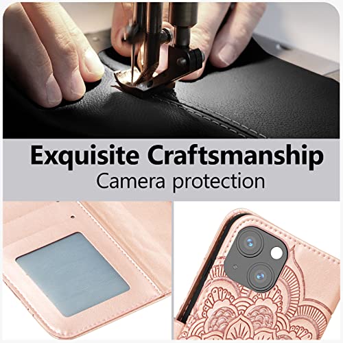 EYZUTAK Case for iPhone 14 Plus, Premium PU Leather Magnetic Flip Wallet Case with Card Holder Cash Slot Lanyard Strap Kickstand Function Embossed Mandala Flower Pattern Shockproof Cover - Rose Gold - color: Rose Gold, size: iPhone 14 Plus