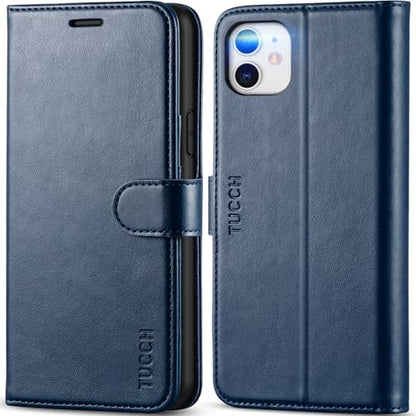 TUCCH Wallet Case for iPhone 11 (6.1") 2019, 3 Card Slots, Dark Blue | RFID Blocking, Viewing Stand, Shockproof TPU Shell, PU Leather, Magnetic Closure, Protective Folio Flip Cover - color: Dark Blue