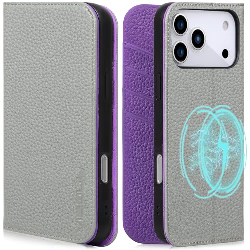 VISOUL Pebbled Leather Wallet Case for iPhone 17 Pro Max 6.9" 2025, Genuine Leather Flip Folio Cover with RFID Blocking Card Holders, Kickstand, Soft TPU Protective Flip Cover -Gray+Purple - color: Gray+Purple