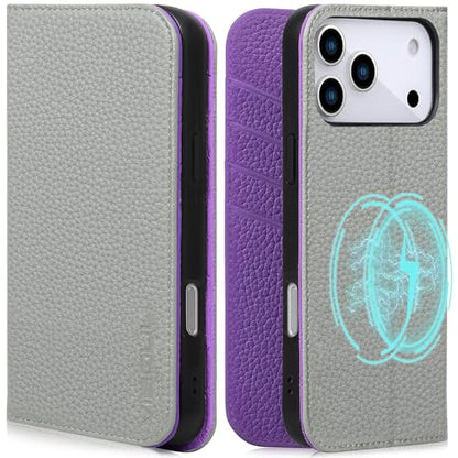 VISOUL Pebbled Leather Wallet Case for iPhone 17 Pro Max 6.9" 2025, Genuine Leather Flip Folio Cover with RFID Blocking Card Holders, Kickstand, Soft TPU Protective Flip Cover -Gray+Purple - color: Gray+Purple