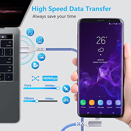 Eversame Right Angle USB C Cable(4-Pack 10ft), Nylon Braided USB A to USB C Charger Fast Charging Cord Compatible with Samsung Galaxy S24 S23 S8 S9 S10 Plus S20, Note 20 10 9 8, LG V50 V40, iPhone 15 - color: Blue White Purple Pink