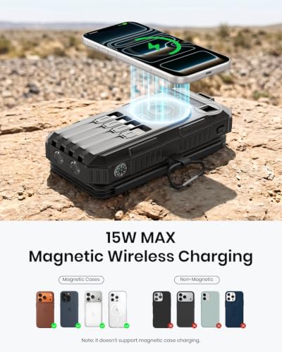 FEELLE Solar Power Bank 50000mAh Magnetic Portable Charger with Hand Crank - color: Black