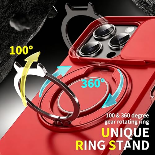 Rugged Shockproof Case for iPhone 17 Pro Max, Heavy Duty Protective Phone Case with Slide Camera Cover, 360° Rotatable Ring Stand & Magnetic Car Mount Compatible (Red,iPhone 17 Pro Max) - color: Red