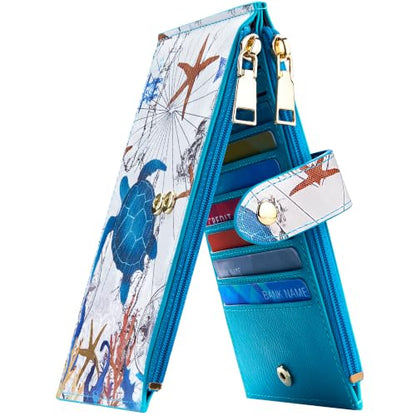 Travelambo RFID Wallet Women Large Size Bifold Multi Card Wallet Case with Zipper Pocke Credit Card Holder for Women - color: Blue Sea Turtle