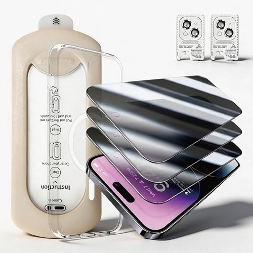 3 Pack Privacy Screen Protector with Phone Case for iPhone 16, Anti Spy Tempered Glass with 2 Pack Camera Lens Protector, Easy Install Frame, 9H Hardness, Bubble Free, Full Coverage
