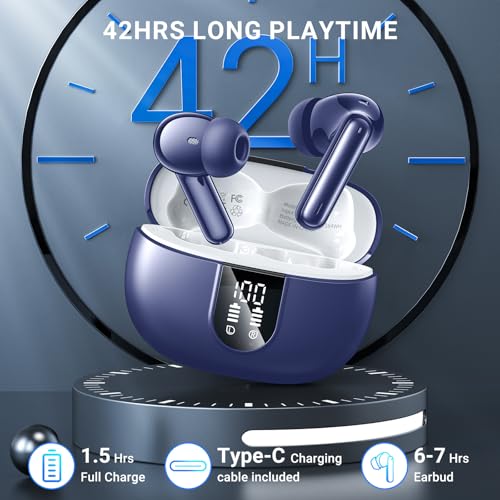 Wireless Earbuds, 2025 Wireless Headphones HiFi Stereo Earphones with 4 ENC Noise Canceling Mic, 42Hs Playtime In Ear Earbud, Bluetooth 5.3 Sport Earphones with LED Power Display for Android iOS - color: Dark Blue