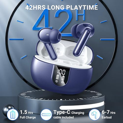 Wireless Earbuds, 2025 Wireless Headphones HiFi Stereo Earphones with 4 ENC Noise Canceling Mic, 42Hs Playtime In Ear Earbud, Bluetooth 5.3 Sport Earphones with LED Power Display for Android iOS - color: Dark Blue