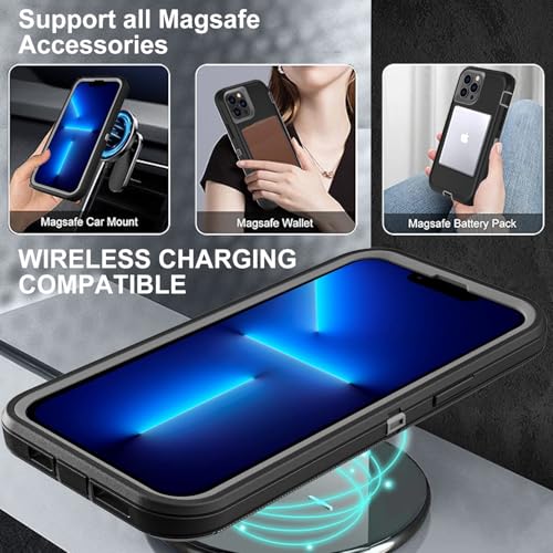 YKHJKLEC for iPhone 13 Pro Max Case, Compatible with Magsafe, Military Grade 3 in 1 Heavy Duty Shockproof/Drop Proof/Dust Proof Case with 2Pcs Tempered Glass Screen Protector (New-Black/Grey) - color: New-Black/Grey