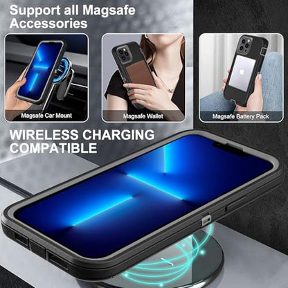 YKHJKLEC for iPhone 13 Pro Max Case, Compatible with Magsafe, Military Grade 3 in 1 Heavy Duty Shockproof/Drop Proof/Dust Proof Case with 2Pcs Tempered Glass Screen Protector (New-Black/Grey) - color: New-Black/Grey