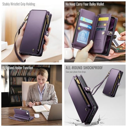 Defencase for iPhone 17E & 16E Wallet Phone Case with Card Holder, Purple | Durable Soft PU Leather, with RFID Blocking Zipper Pocket, Strap, Magnetic Snap Flip Cases Cover with Stand for Women Men - color: Aesthetic Purple