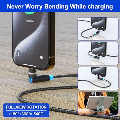 90-Degree Lightning Cable with 360 Degree Rotating Head for Apple-Carplay [MFi, 2.4A, Data Sync] Fast Charging Cable Right Angle iPhone Charger Cord for iPhone14 13 12 11 X 8 7 6 5 Pro Max SE Pod,6FT