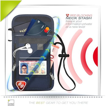 Lewis N. Clark Stash Neck Travel Wallet | RFID Blocking Passport Holder | Protect Personal Information | Navy - color: Navy
