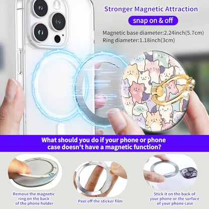 Magnetic Phone Ring Holder Compatible with MagSafe, Cute Phone Grip Stand with 360° Rotation Gold Glitter Finger Ring Kickstand Accessories for Most Phones Cute Colorful Cats