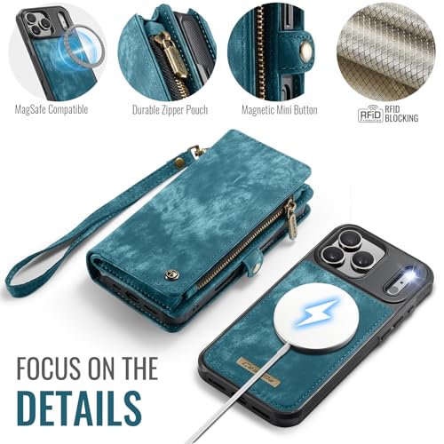 Compatible with iPhone 17 Pro Wallet Case with Magsafe,Blue | Magnetic Detachable Case,Card Holder,Zipper Pocket,Strap Wristlet, Soft Leather Drop-Proof Phone Case for iPhone 17 Pro 6.3" - color: (Detachable and Magsafe)-Blue, size: iPhone 17 Pro 6.3 Inch