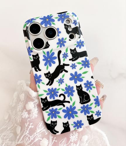 Qokey Compatible for iPhone 17 Pro Max Case 6.9", Black Cats on Garden, Frosted Texture Fingerprint-Resistant Floral Shockproof Phone Cover for Women Girls, Purple Blue Flower - color: Black Cats Purple Blue Flower