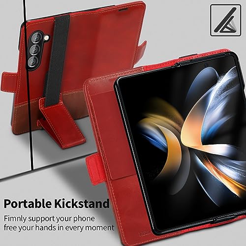 KEZiHOME Genuine Leather Wallet Case for Samsung Galaxy Z Fold 6 - color: Red Brown, size: Galaxy Z Fold 6 Case