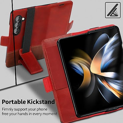 KEZiHOME Genuine Leather Wallet Case for Samsung Galaxy Z Fold 6 - color: Red Brown, size: Galaxy Z Fold 6 Case