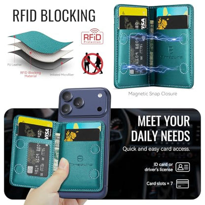 Strapurs Strong Magnetic Wallet Card Holder for MagSafe Phones and Cases, Slim PU Leather Detachable Phone Wallet with 6 Card Slots RFID Blocking for iPhone 17/16/15/14/13/12/Pro/Max/Plus – Bluegreen - color: Blue Green