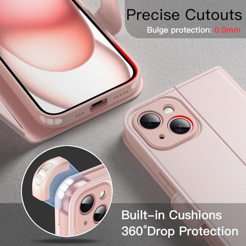 JETech Wallet Case for iPhone 15, Pink | Shockproof PU Leather, Card Holder, Magnetic Flip Cover, Stand Feature, Full Camera Protection - color: Pink