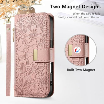 for iPhone 17 Phone Case Wallet, Pink | Built-in Card Holder (8-10 Cards), Zipper Pocket, Wrist Strap, Stand Kickstand, Flower PU Leather Protective Phone Case Women - color: Pink, size: iPhone 17