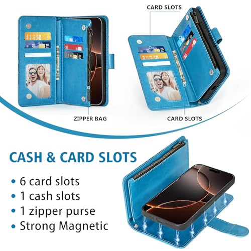 Asuwish Phone Case for iPhone 16 Pro 6.3 inch Zipper Wallet Magnetic Detachable Cell Cover with Tempered Glass Screen Protector Crossbody Strap Flower Card Holder i Phone16 i16 16Pro Women Girls Blue - color: Blue