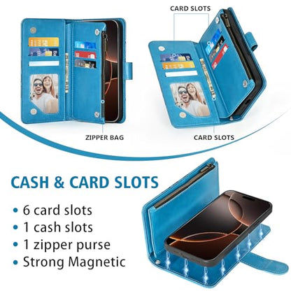 Asuwish Phone Case for iPhone 16 Pro 6.3 inch Zipper Wallet Magnetic Detachable Cell Cover with Tempered Glass Screen Protector Crossbody Strap Flower Card Holder i Phone16 i16 16Pro Women Girls Blue - color: Blue