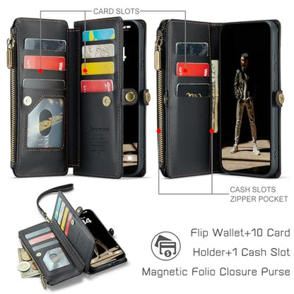 Defencase for Samsung Galaxy S26 Wallet Case with RFID Card Holder, Black | Durable Soft PU Leather, with Zipper Pocket, Wrist Strap, Fashion Snap Flip S26 Phone Cases Cover with Stand for Women Men - color: Black