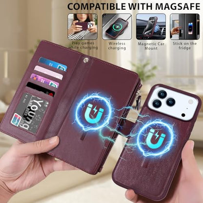 for iPhone 17 Pro Max Case Wallet,Compatible with MagSafe 2 in 1 Magnetic Detachable PU Leather RFID Blocking Wallet Cover Card Holder Zipper Wrist Strap Lanyard,Quilted Wine Red - color: Quilted Wine Red, size: iPhone 17 Pro Max