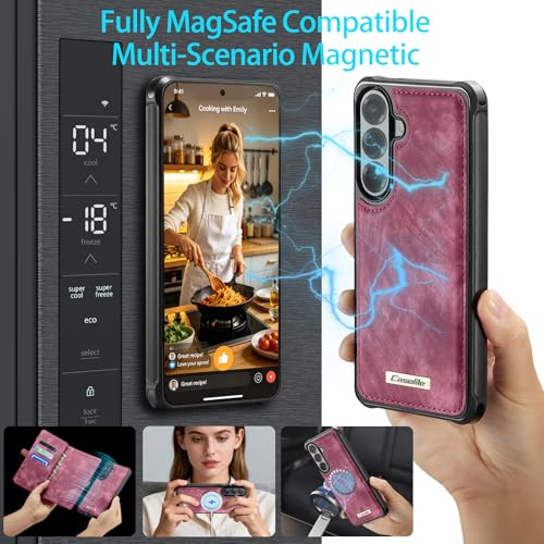 Compatible with Samsung Galaxy S26 5G Wallet Case with Magsafe with Zipper & Card Holder Strap Wristlet Detachable Magnetic Protective Back Case for Samsung Galaxy S26 5G 6.3 Inch (Red) - color: (Detachable and Magsafe)-Red, size: S26 6.3 Inch