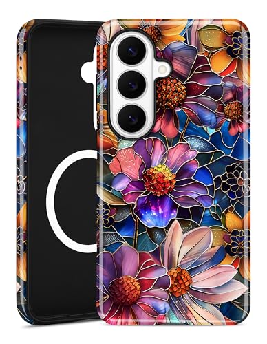 Magnetic Flower Case for Samsung Galaxy A16 5G, Colorful | Compatible with MagSafe, Cute Aesthetic Stained Glass Vividly Floral, TPU and PC Protective Phone Cover for Women Girls - color: Vividly Colored Floral