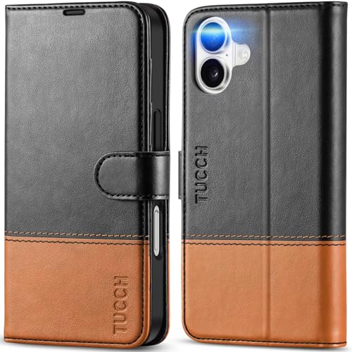 TUCCH Wallet Case for iPhone 16 (6.1") 2024, Flip Stand, Black & Brown | RFID Blocking, 4 Card Holders, Kickstand, PU Leather, Shockproof TPU Shell, Magnetic Closure, Protective Folio Cover - color: Two-tone Black & Brown