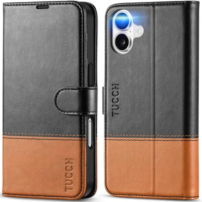 TUCCH Wallet Case for iPhone 16 (6.1") 2024, Flip Stand, Black & Brown | RFID Blocking, 4 Card Holders, Kickstand, PU Leather, Shockproof TPU Shell, Magnetic Closure, Protective Folio Cover - color: Two-tone Black & Brown